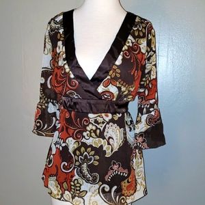 Orange and brown paisley print V neck top